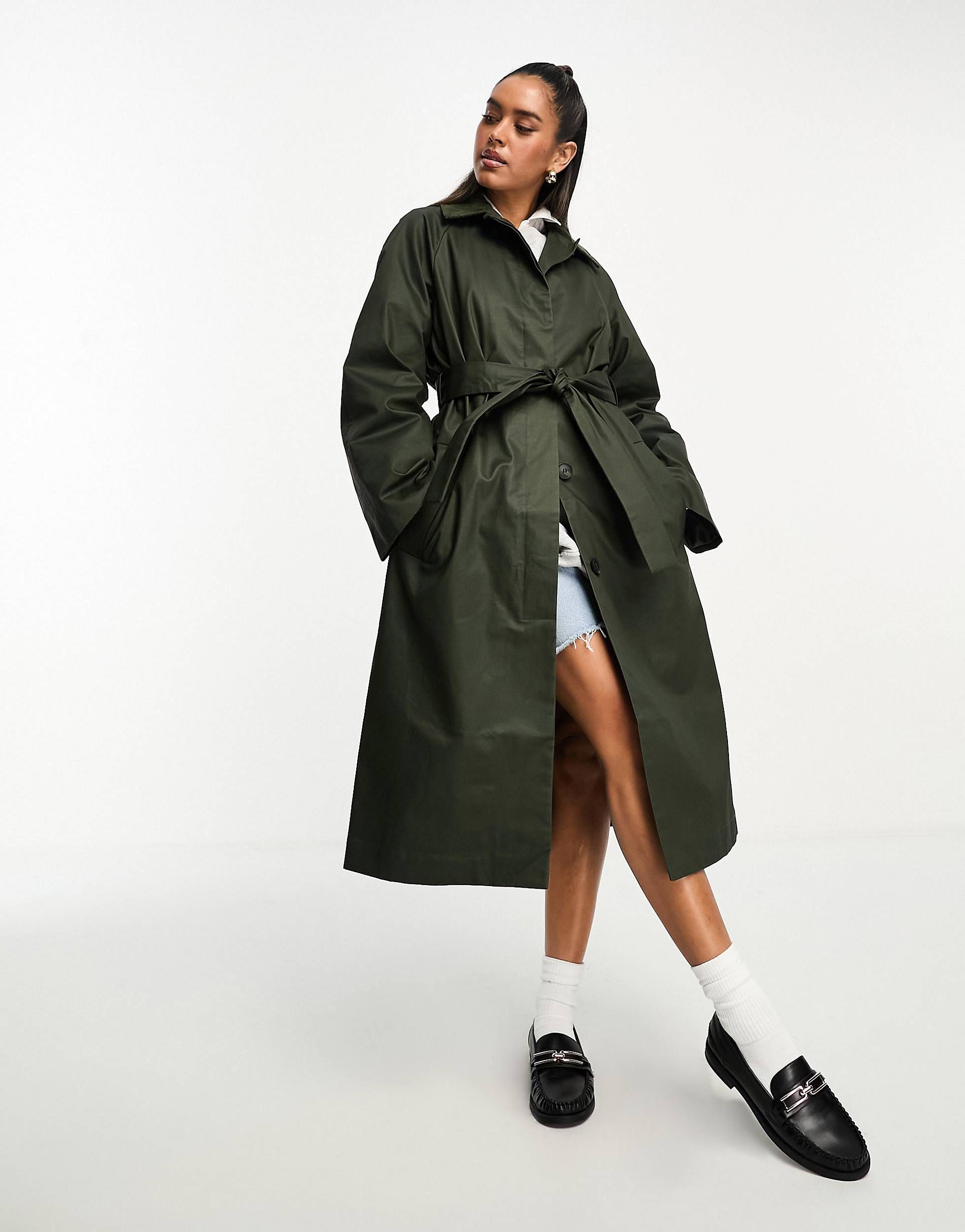 ASOS DESIGN wax trench with cord collar in olive | ASOS (Global)