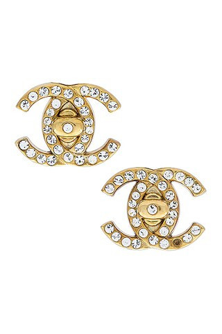 Chanel 1996 CC Rhinestone Clip-On Earrings in Metallic Gold | FWRD 
