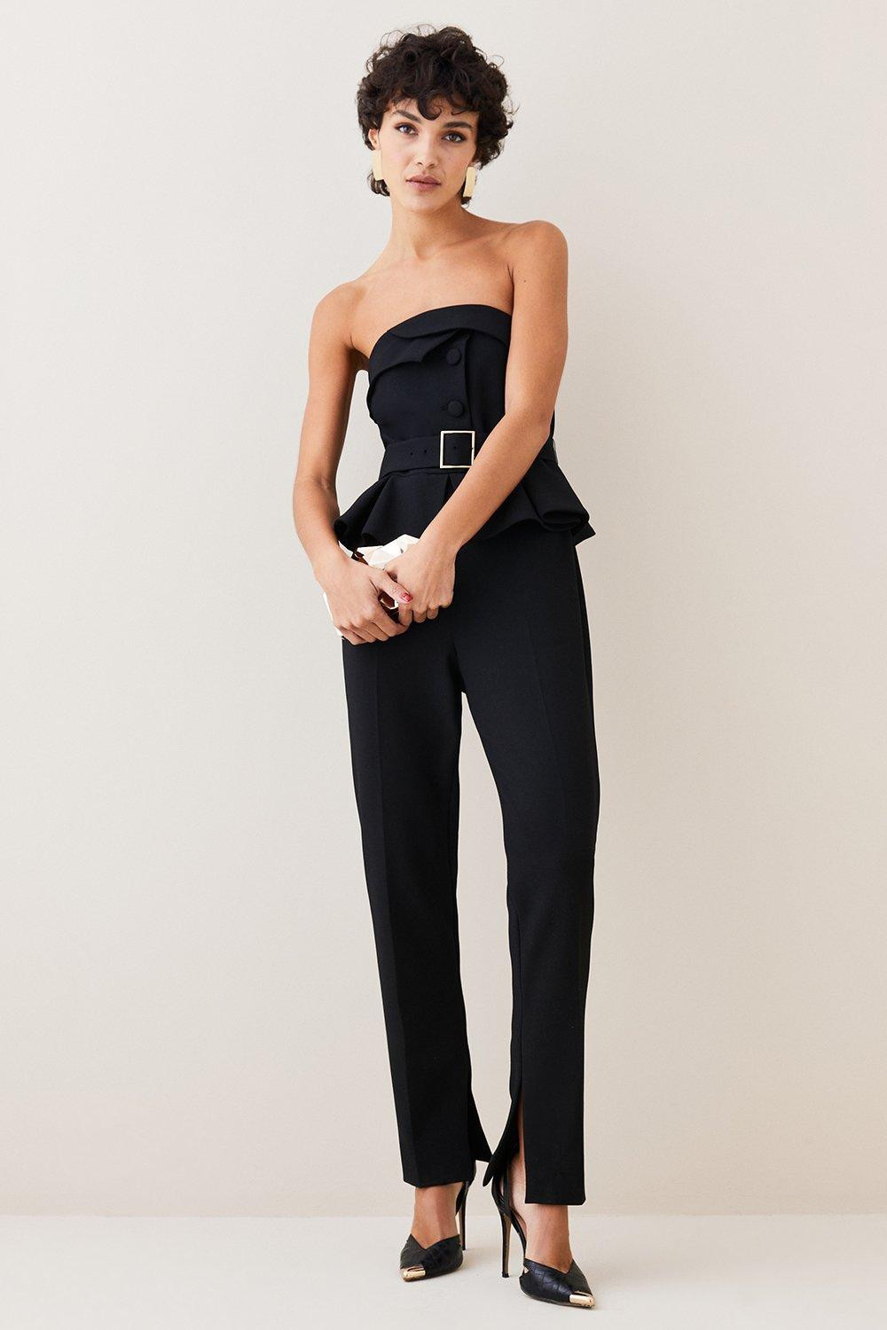Compact Stretch Peplum Jumpsuit | Karen Millen US