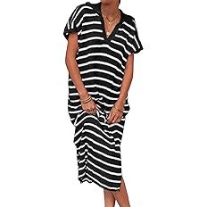 Saodimallsu Womens Striped Summer Dresses Short Sleeve V Neck Knit Collared Sexy Slit Loose Maxi ... | Amazon (US)