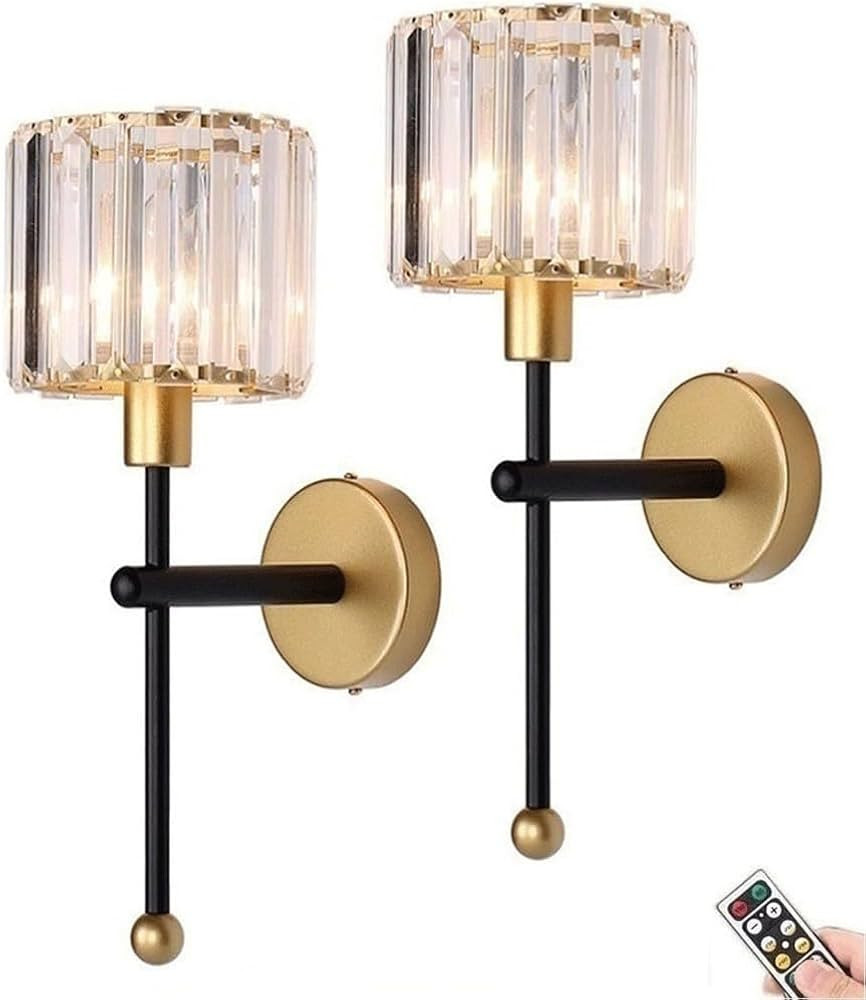 Modern Glass Crystal Wall Sconces Battery Operated Set of 2, Gold Rechargeable Wall Lights with R... | Amazon (US)