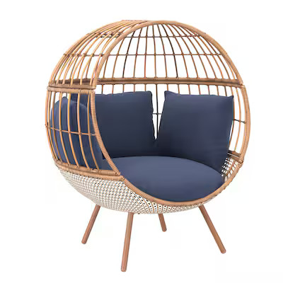 Origin 21 Brennfield Woven Teak Metal Frame Stationary Egg Chair(s) with Blue Cushioned Seat | Lowe's