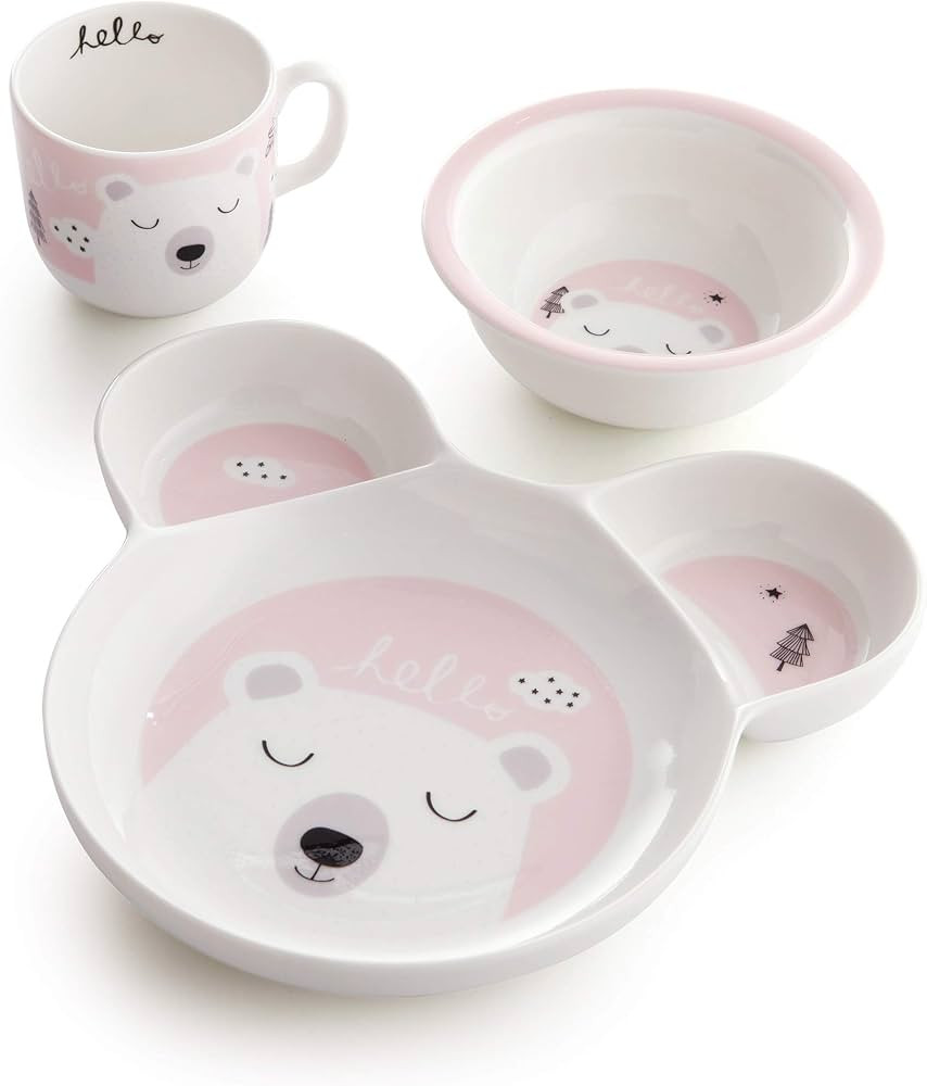 ZEN Hello Hello Porcelain Childrens Kids Dinner Set of 3 (PINK) | Amazon (US)