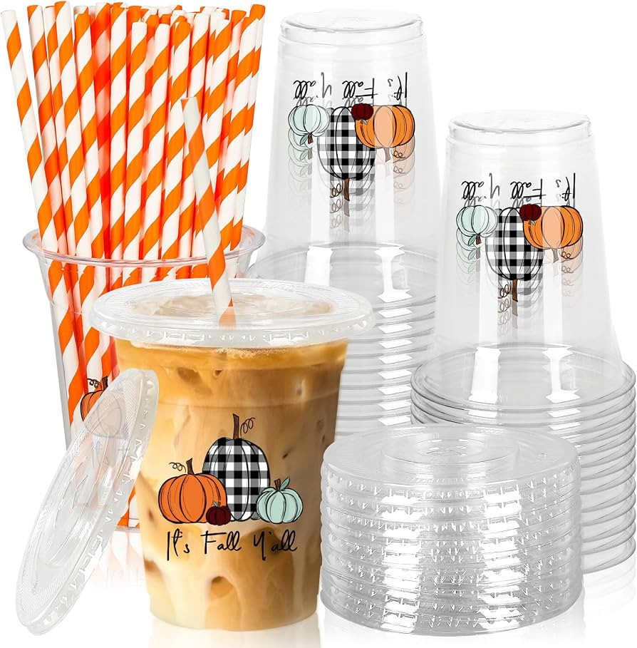 50Pcs Fall Plastic Cups with Lids and Straws Black White Plaid Pumpkin Clear Plastic Cups 12oz Pu... | Amazon (US)