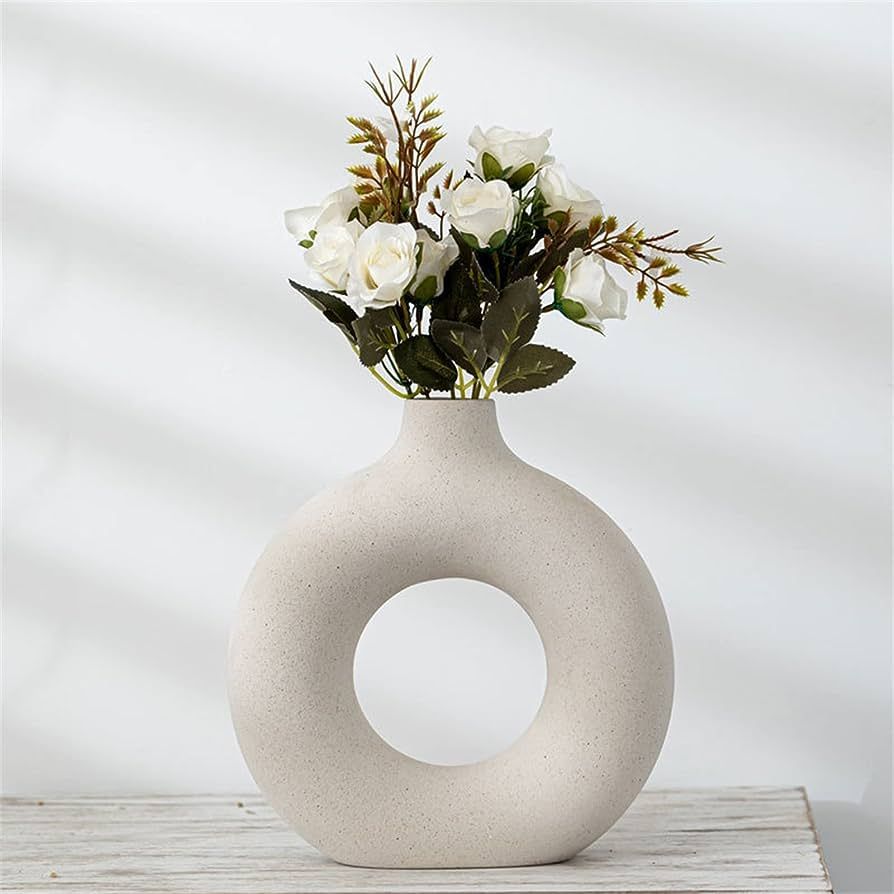 DHYXZCA White Circle Ceramic Vase for Decor, Circular Matte ​Hollow Donut Flower Vases Decorati... | Amazon (US)