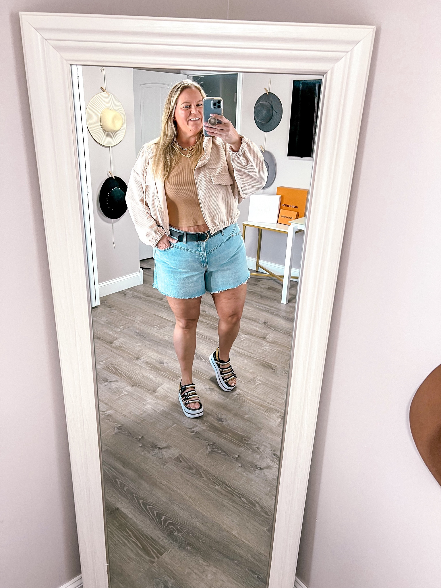 Jean shorts, tank top, cropped jacket and platform sandals. 

#LTKSeasonal #LTKStyleTip #LTKPlusSize