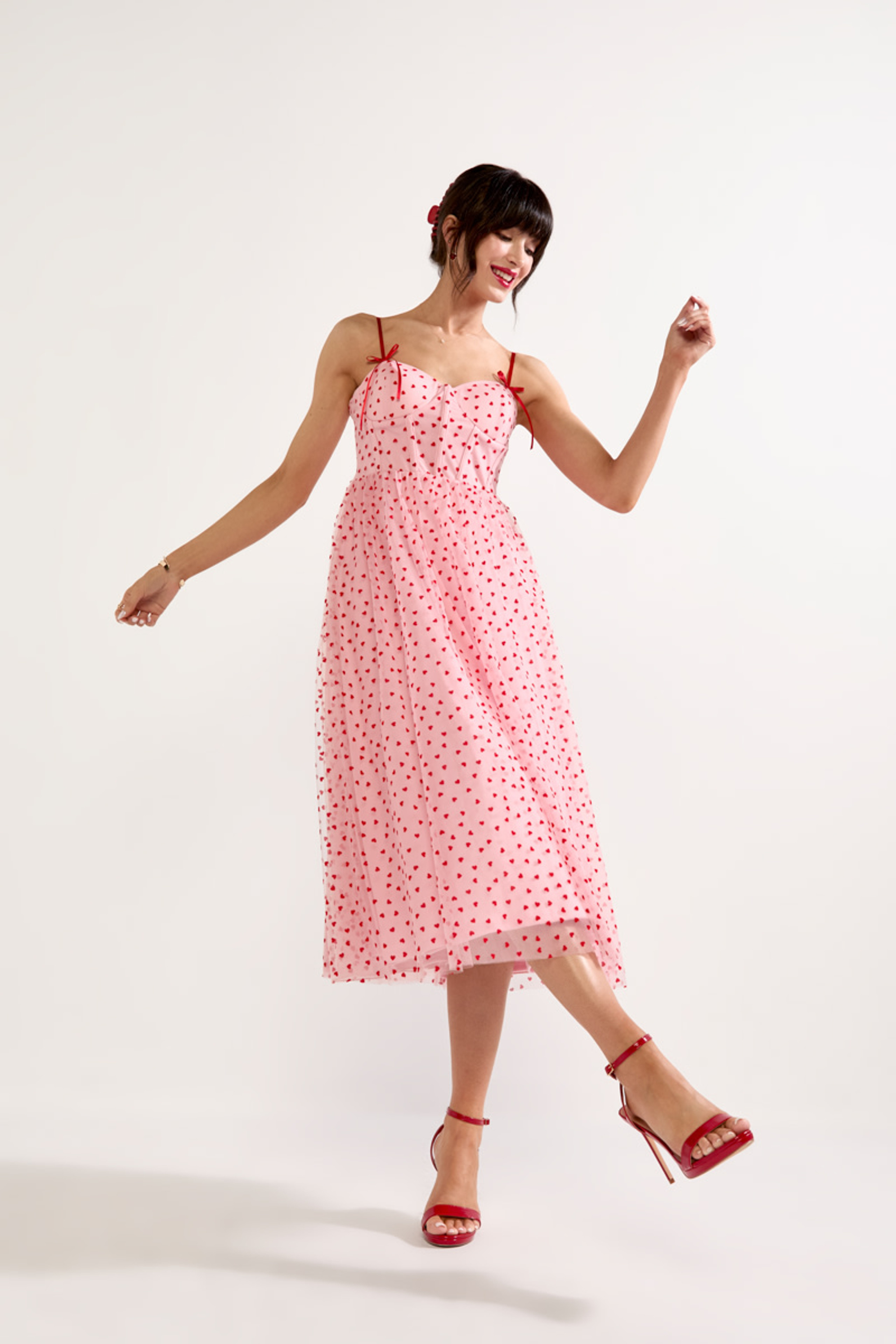 Anne Flocked Heart Tulle Midi Dress | Francesca's