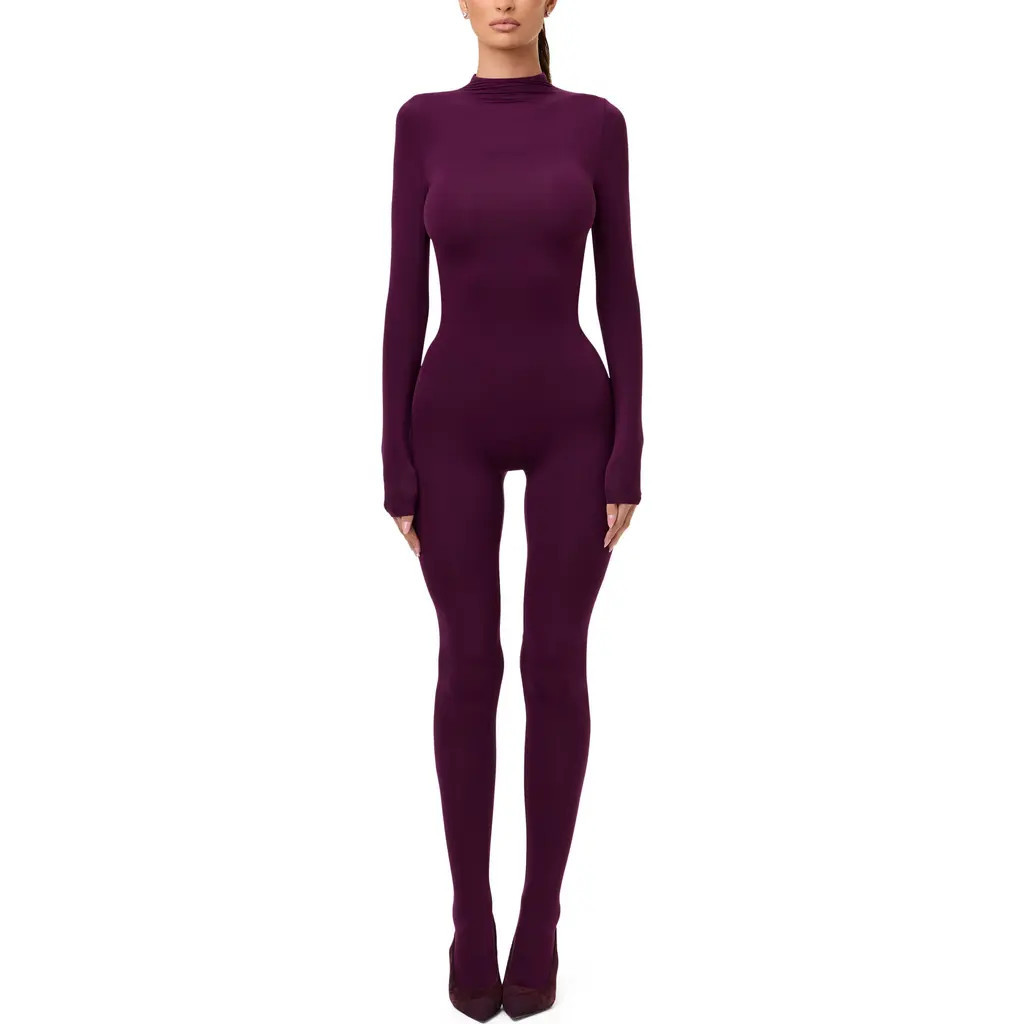 Naked Wardrobe Long Sleeve Closed Toe Jumpsuit in Dark Berry at Nordstrom, Size X-Small | Nordstrom