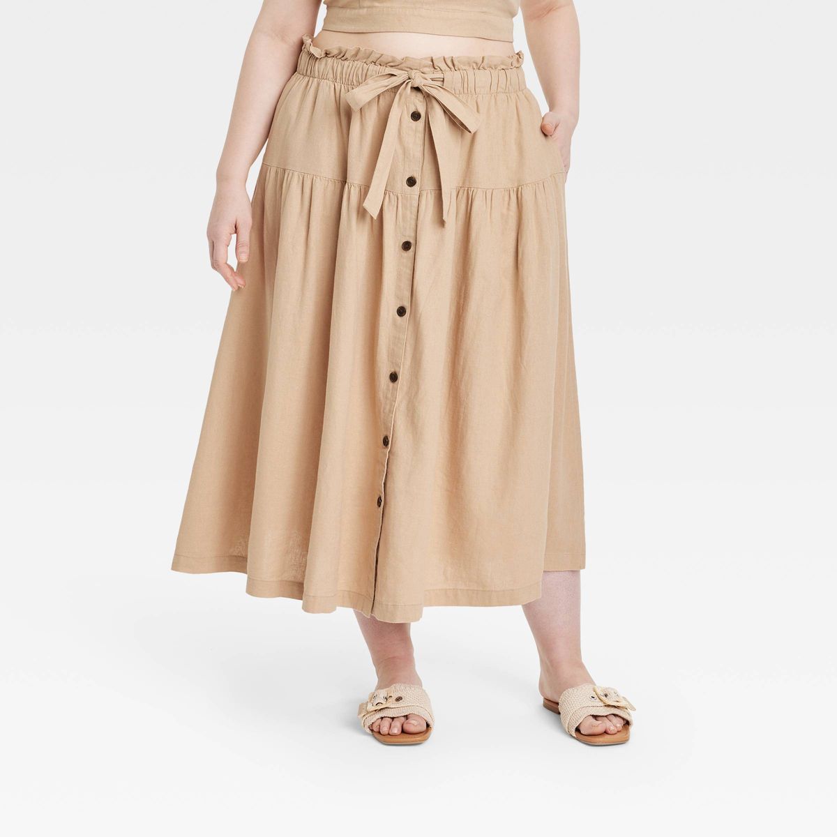 Women's Tie Waist Button-Front Midi Skirt - Universal Thread™ Tan XXL | Target