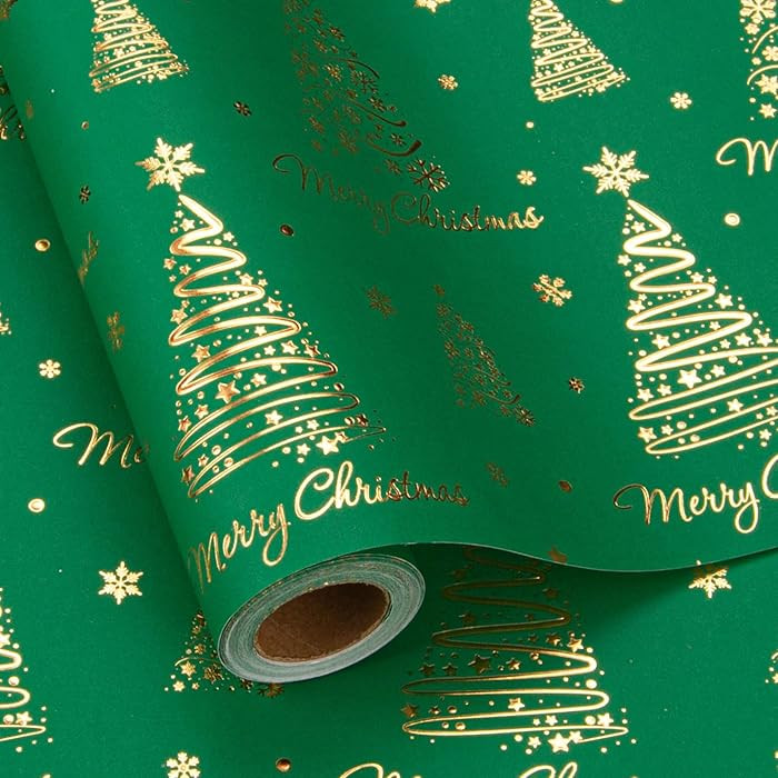 Homeral Green Christmas Wrapping Paper Roll - 3D Embossed Trees and Letters with Gold Foil Metall... | Amazon (US)