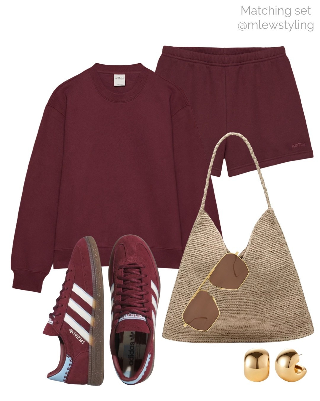 Burgundy matching set ♥️🥀

Tags: aritzia crewneck sweatshirt, sweat shorts, Zara raffia bag, aviator sunglasses, burgundy adidas Spezial sneakers, Jenny bird gold hoop earrings, weekend outfit, summer look, travel outfit, comfy look

#LTKShoeCrush #LTKTravel #LTKFindsUnder100