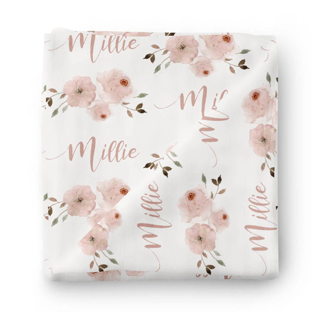 Millie's Dusty Rose Garden Personalized Baby Name Swaddle Blanket | Caden Lane