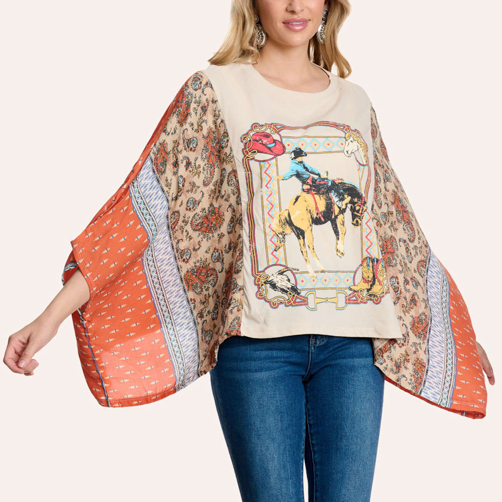 Zutter Women's Burnt Orange & Cream Bronc Rider Graphic Kimono Sleeve T-Shirt | Cavender's