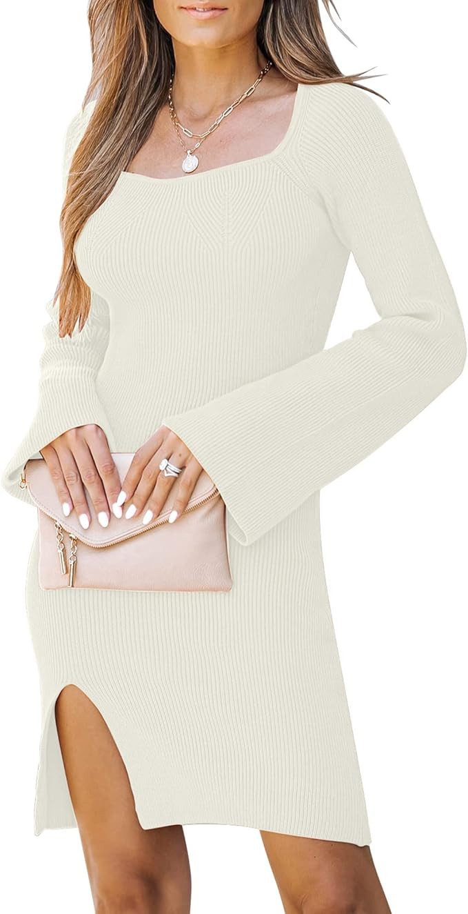 LookbookStore Womens Sweater Dress Bodycon Square Neck Slit Short Dresses Bell Long Sleeve Knit S... | Amazon (US)