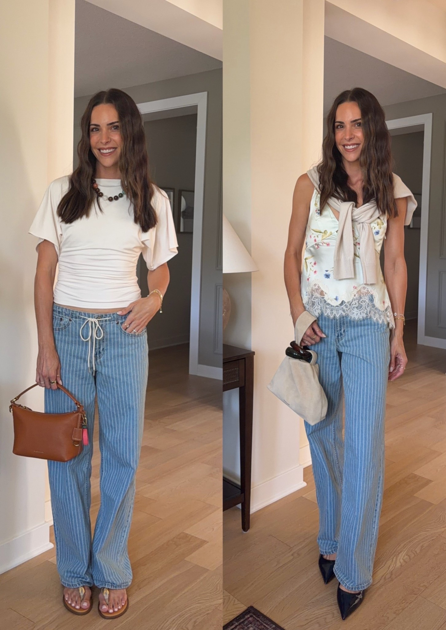 2 ways I’m styling these cute and comfy striped drawstring jeans!! Wearing my true size 26 L (I’m 5’7”)
Top: true to size (S)
Cami: true to size, size down if between (XS) 

Sandals: true to size
Booties: size down half

#LTKSaleAlert #LTKootd #LTKSeasonal