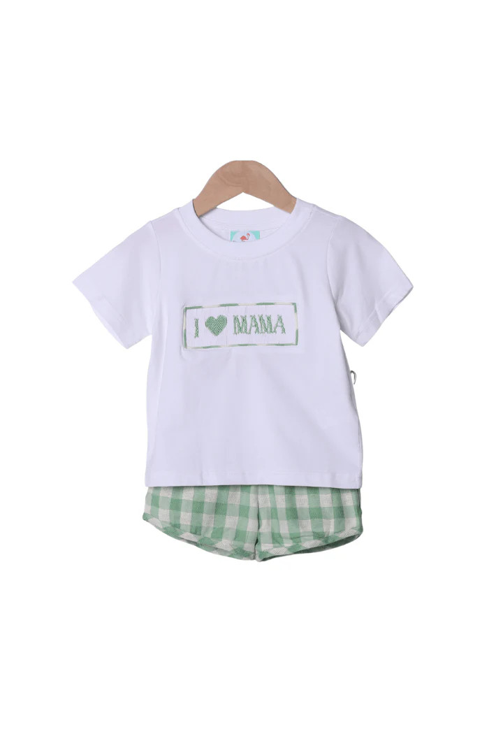 Smocked I Love Mama Green Gingham Linen Short Set | The Smocked Flamingo
