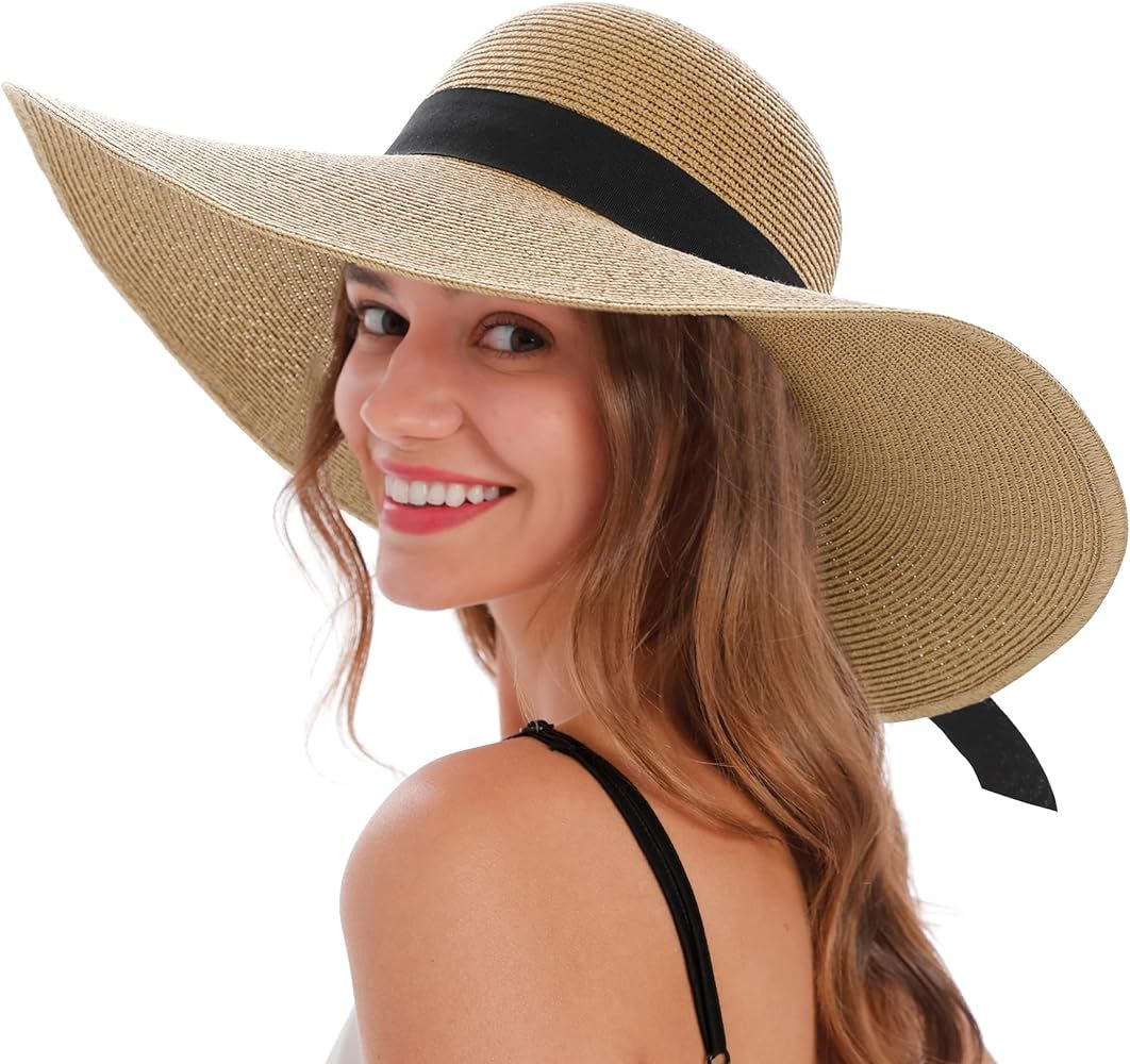 Verabella Sun Hats for Women UV Protection Wide Brim UPF 50 Foldable Floppy Straw Beach Hat with ... | Amazon (US)