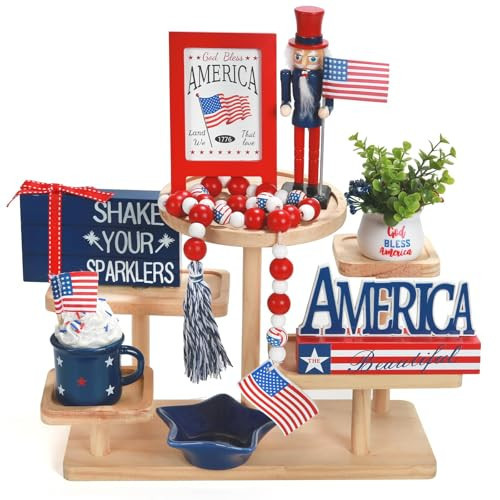 4th of July Decorations Patriotic Tiered Tray Decor Set, 8 PCS Memorial Day Fourth of July Decorations for Home Office Farmhouse Red White and Blue Tabletop Centerpieces Shelf Mantel Tray Decor Signs | Amazon (US)
