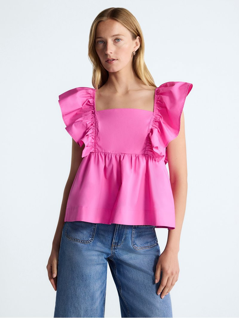Free Assembly Women's Square Neck Cotton Top with Flutter Sleeves, Sizes XS-XXL | Walmart (US)