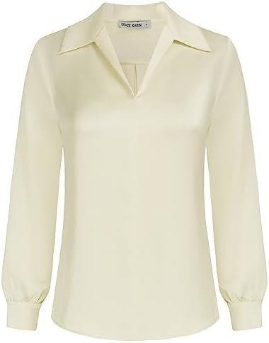 GRACE KARIN Business Casual Tops for Women Satin Silk Blouse Collared V Neck Long Sleeve Work Shi... | Amazon (US)