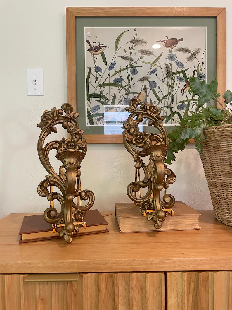 Vintage Ornate Gold Wall Sconces, Pair of Two, Flowers & Scroll Design, Homco | Etsy (US)