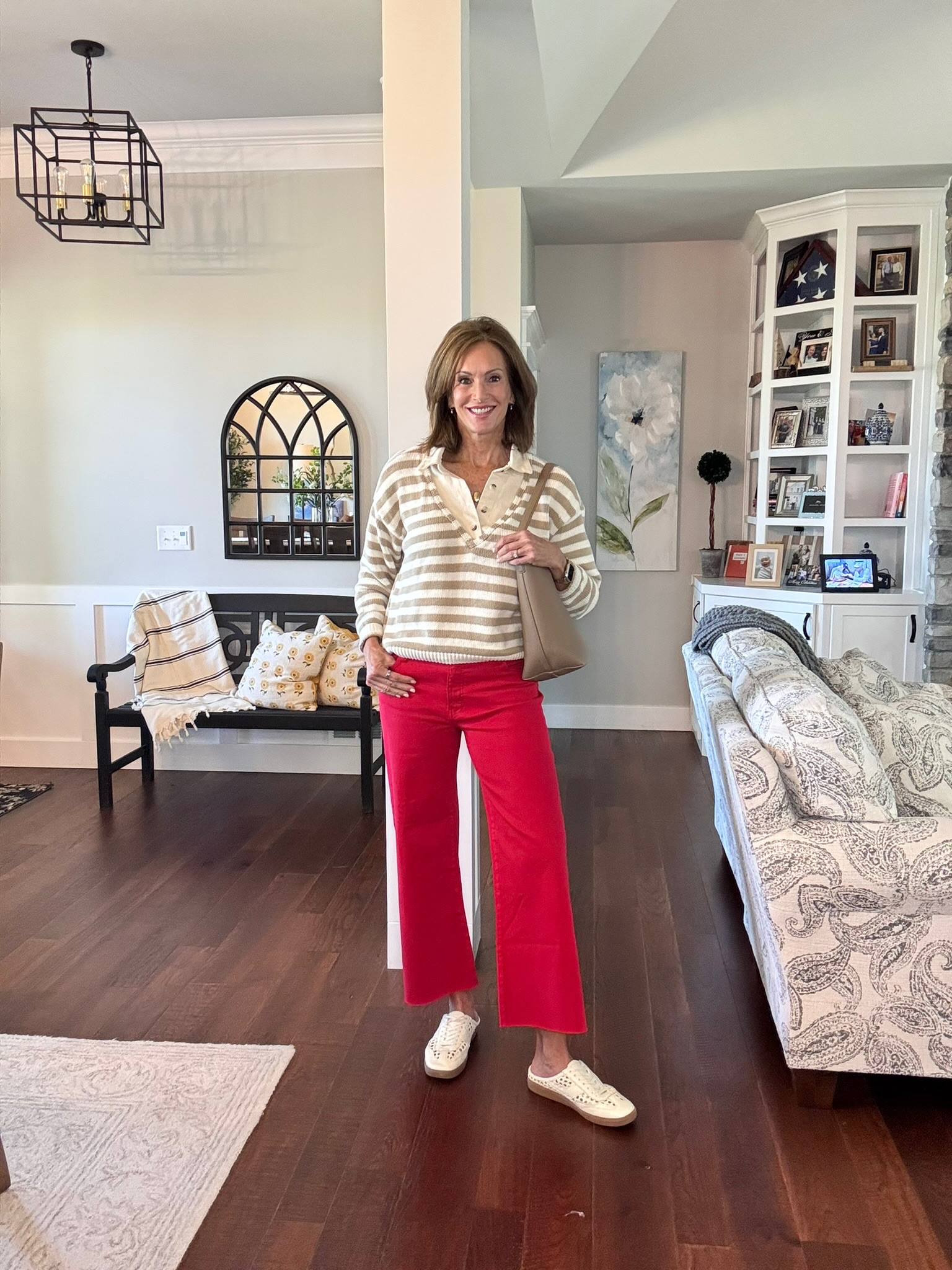 Twofer sweater - large (it’s oversized so your true size should work) Red crop wide leg jeans - 29 (these have a lot of stretch so you may be able to size down if you’re between sizes) Water resistant jewelry! Love the sneaker loafers! 
Fall style

#LTKTall #LTKMidsize #LTKSeasonal
