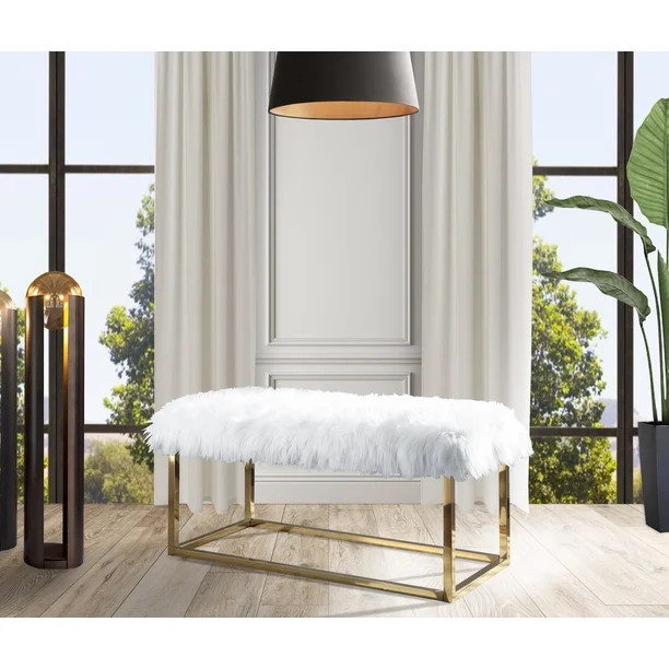 Chic Home Carolyn Fur Modern Luxe Chrome Metal Frame Bench, White - Walmart.com | Walmart (US)