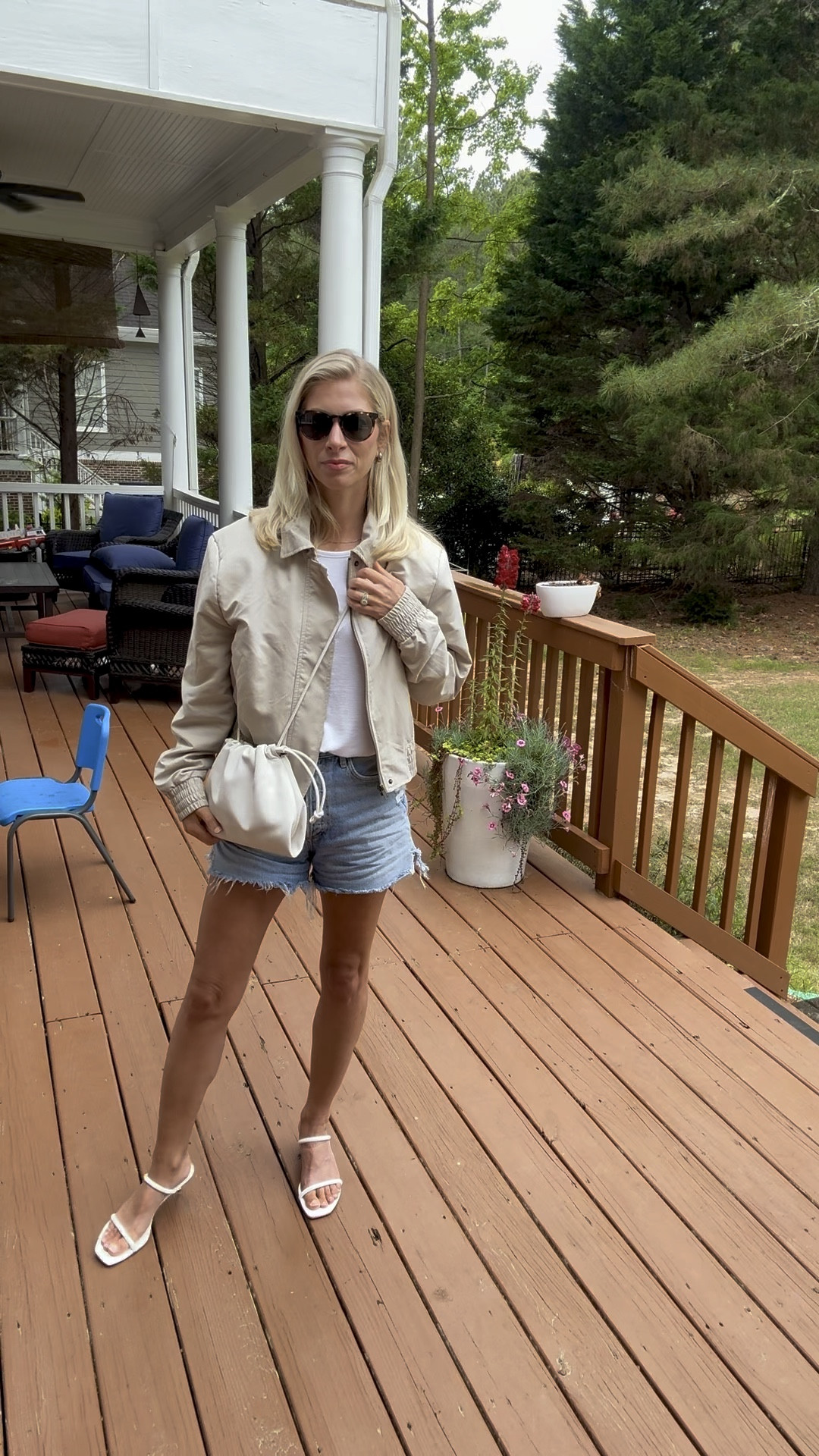 OOTD , school drop off outfit , jean shorts , denim shorts , summer outfit , jacket , coat , white bag , white purse , sandals , white sandals , shoes , summer shoes , sunnies , sunglasses , 

#LTKItBag #LTKOver40 #LTKShoeCrush