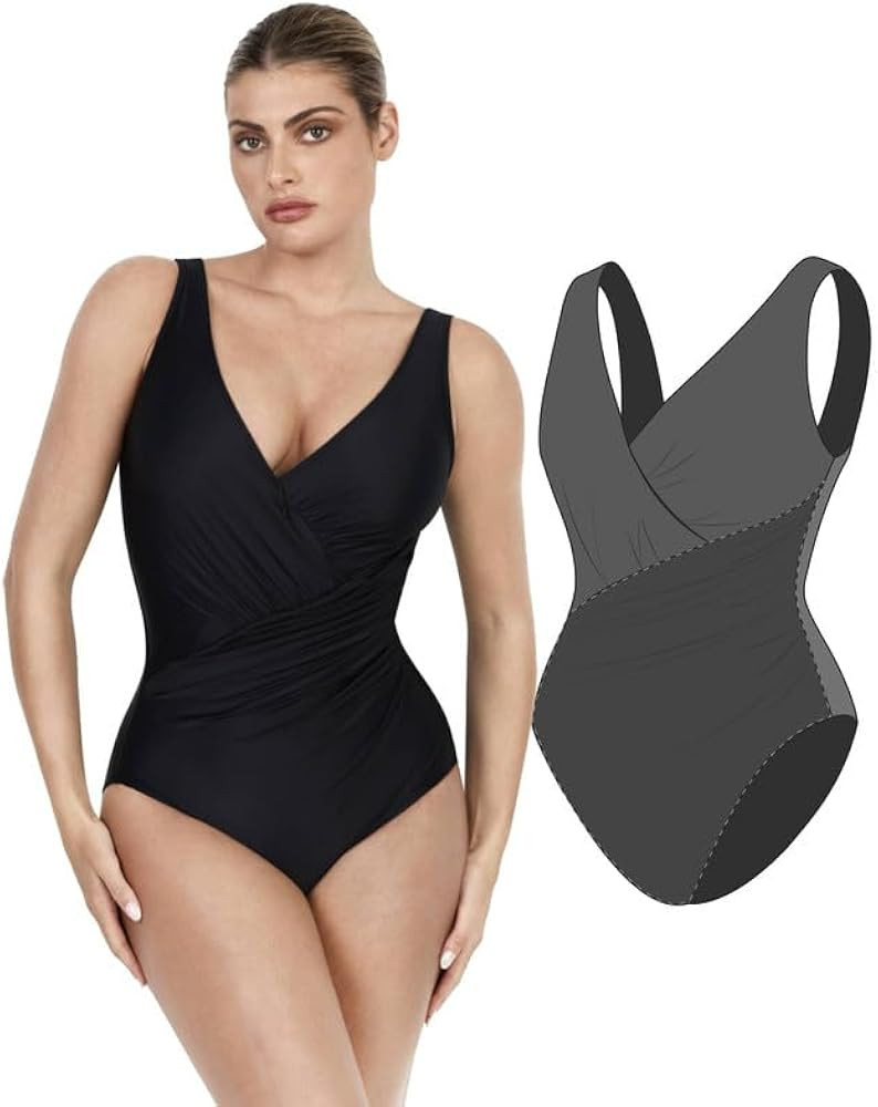Popilush Womens Swimsuits Tummy Control with Shapewear Swimwear Padded Push Up Ruched V Neck Bath... | Amazon (US)