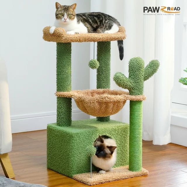 PAWZ Road Cat Tree 33" Cute Cactus Cat Scratching Posts Tower with Large Top Perch and Hammock fo... | Walmart (US)