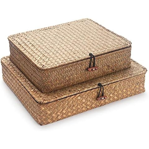 Hipiwe Set of 2 Flat Woven Wicker Storage Bins with Lid Natural Seagrass Basket Multipurpose Home... | Amazon (US)