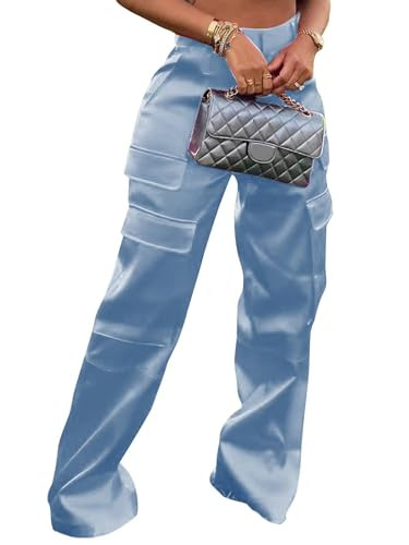 Aressdom Satin Cargo Pants for Women Metallic Silk Extra Long Cargo Pants for Tall Women (Light Blue, S) | Amazon (US)