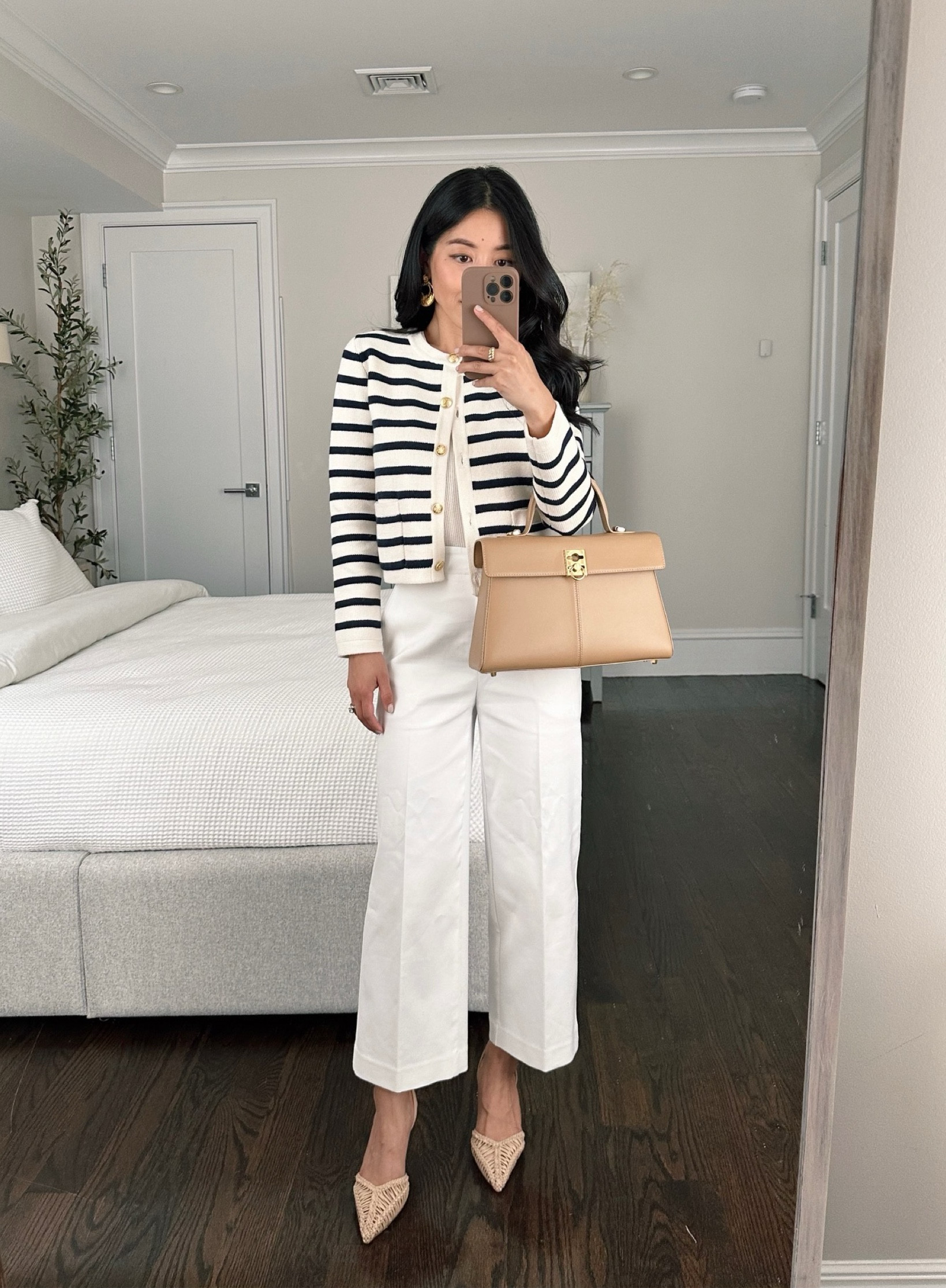 Under $50: petite wide leg crop pants

• my favorite stripe sweater jacket xxs - so cute and very versatile! Dressed up for workwear here but can also seen it worn over denim shorts 
•Wide leg pants 00P. Note Ann Taylor runs a little bigger than other brands like jcrew.
•J.Crew racerback tank 
•Ann Taylor woven slingbacks
•Sezane earrings  
•My cafune bag unfortunately can’t be linked on LTK but is saved in my blog 

Spring to summer business casual outfit // petite work wear ideas 
#petite

#LTKworkwear #LTKstyletip #LTKunder50
