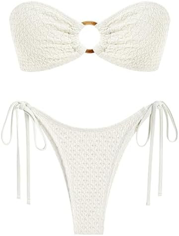 ZAFUL Women's Bandeau Bikini Strapless O Ring Lace Tie Back High Cut Two Piece Swimsuit Bathing S... | Amazon (US)