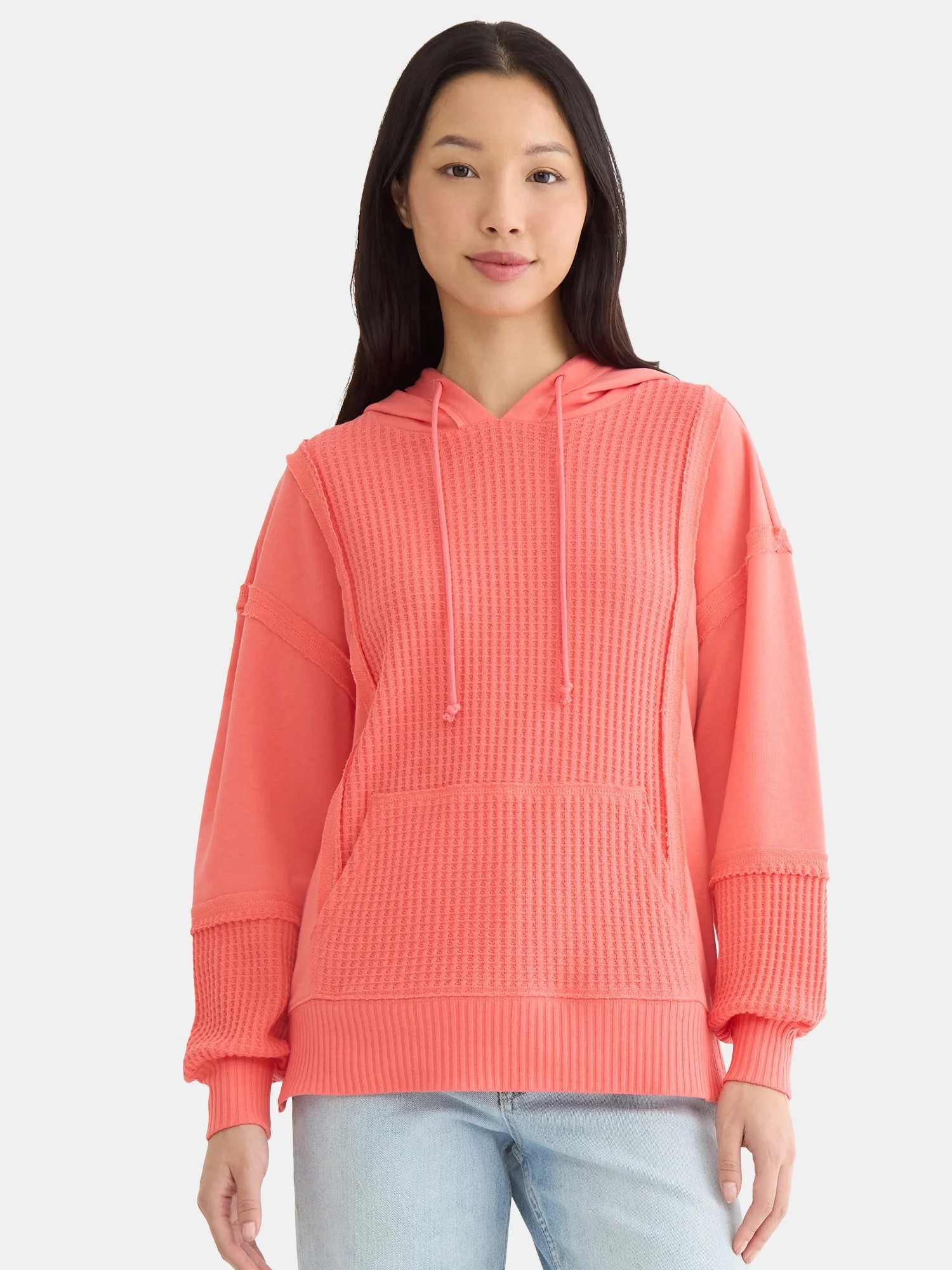 Time and Tru Women's Mixed Media Waffle Hoodie, Sizes XS-XXXL | Walmart (US)