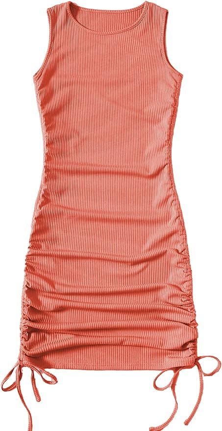 SheIn Women's Ruched Sleeveless Mini Bodycon Dress Drawstring Tie Side Round Neck Short Dresses | Amazon (US)