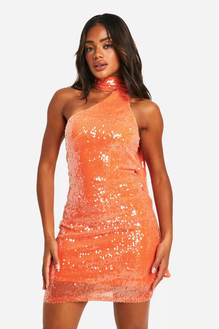 Sequin Halter Drape Mini Dress | boohoo (US & Canada)