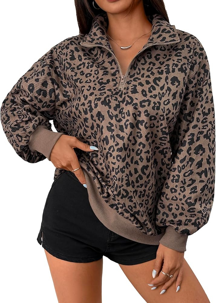 Hilinker Womens Cheetah Print Oversized Sweatshirt Half Zip Pullover Corduroy Long Sleeve Tops | Amazon (US)