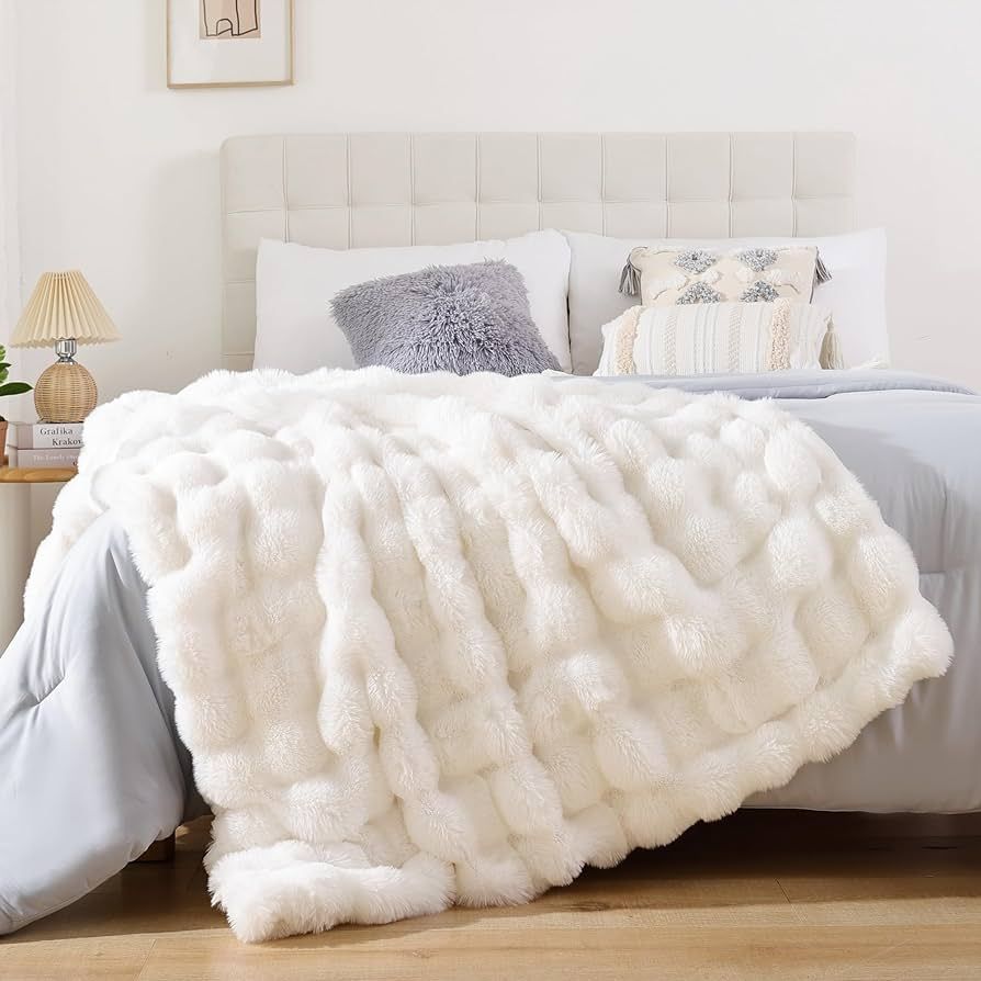 Smoofy Throw Blanket Faux Fur Rabbit Fleece Cream White, Luxury Soft Cozy Throw Blanket for Bed C... | Amazon (US)