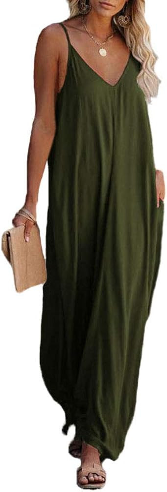 Poetsky Womens Casual Strappy V Neck Sleeveless Flowy Pockets Loose Long Maxi Beach Dress Sundres... | Amazon (US)