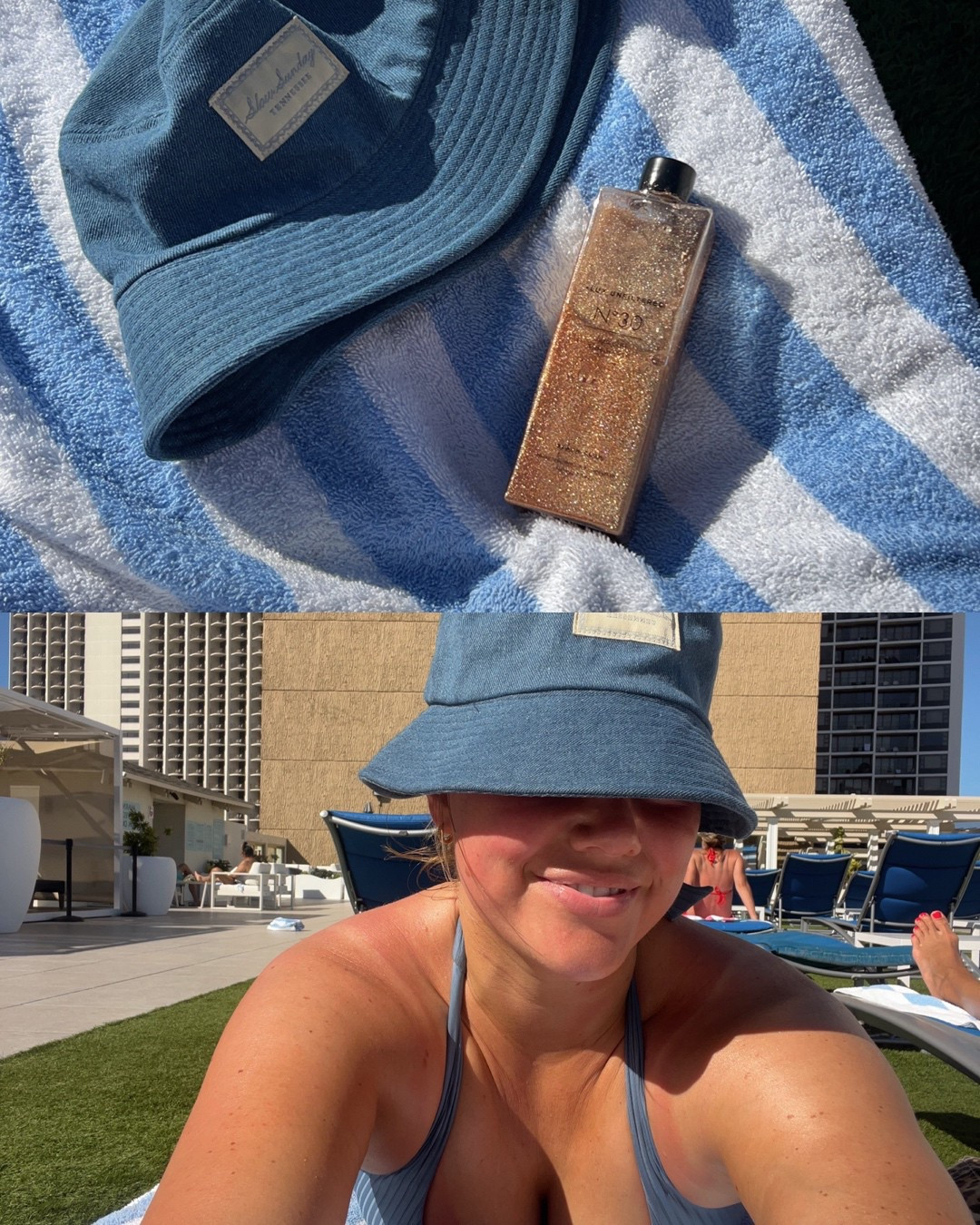 Size L in too and bottom for swimsuit. Love this cotton denim bucket hat!! Spf oil is super shimmery and golden love it for my body in the sun 

#hawaii #spf #luxunfiltered #lspace #swimsuit