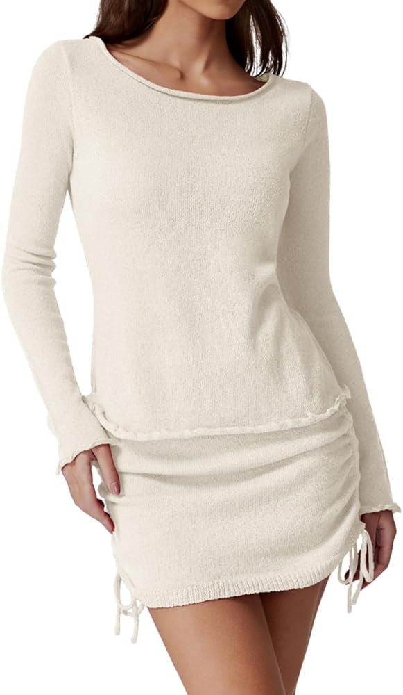 QINSEN Womens Crewneck Lettuce Hem Long Sleeve Knit Top with Drawsting Tie Skirt 2PCS Sweater Set | Amazon (US)