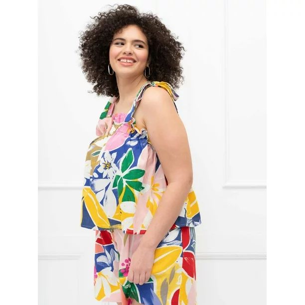 ELOQUII Elements Women's Plus Size Paradiso Print Tie-Shoulder Linen Tank Top | Walmart (US)