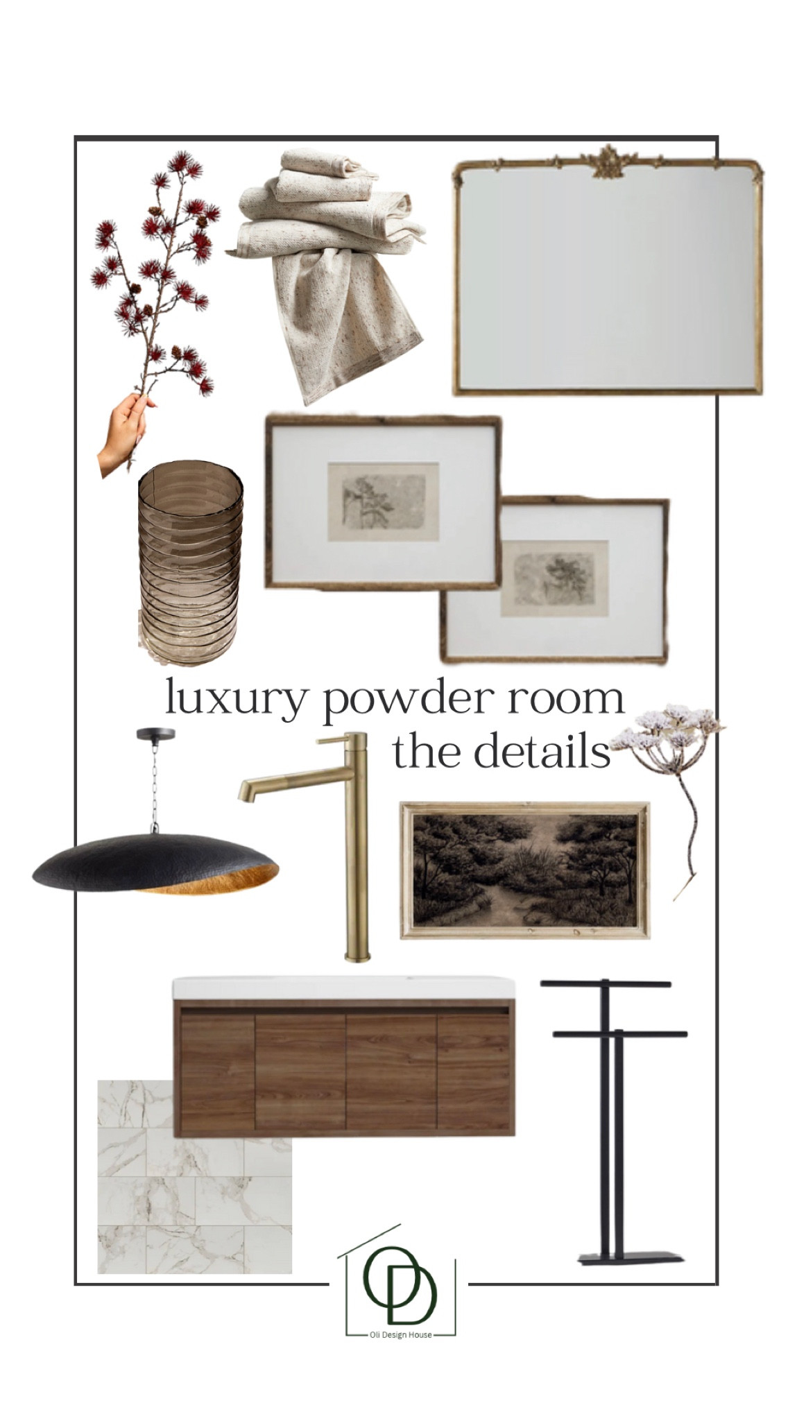 Luxurious powder room design board. 

Moody modern organic bathroom design, floating walnut wide vanity, brushed brass single hole faucet, printable vintage landscape art, printable vintage art, black towel stand, oatmeal hand towels, black and gold modern chandelier pendant, ornate wide mirror, marble look tile, smoke glass ribbed vase, faux stems

#LTKstyletip #LTKhome #LTKFind