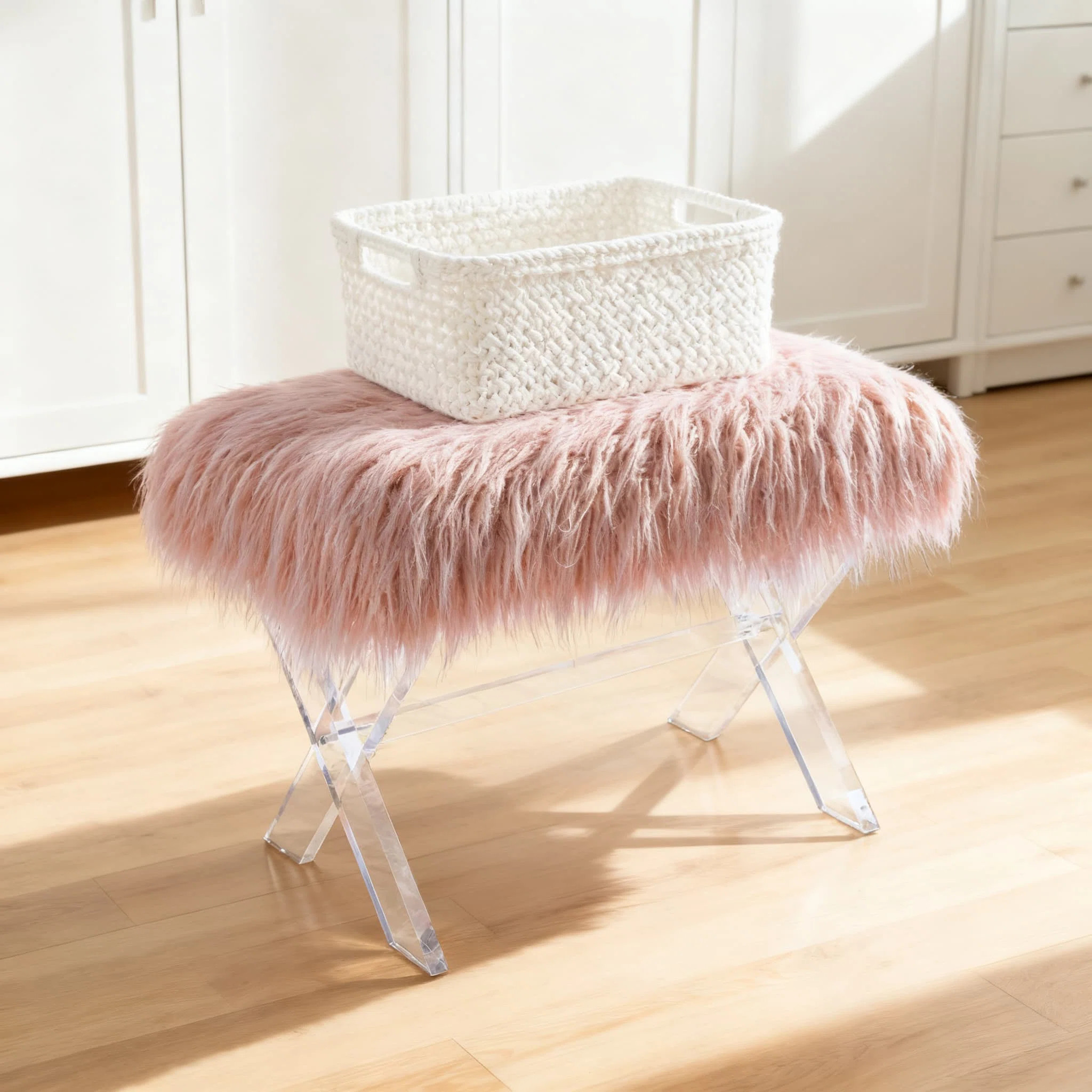 Modern Faux Fur Ottoman Bench With Acrylic Legs, Plush Footrest Stool And Accent Bench For Living... | Wayfair North America