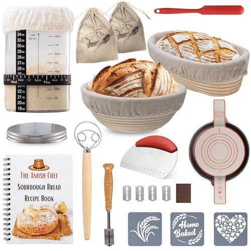 Complete Sourdough Bread Starter Kit, Glass Sourdough Starter Jar Kit & Tons of Sourdough Bread Baking Supplies - Sourdough Starter Kit Includes Sourdough Jar, Banneton Basket (2x Baskets and Jar) | Amazon (US)