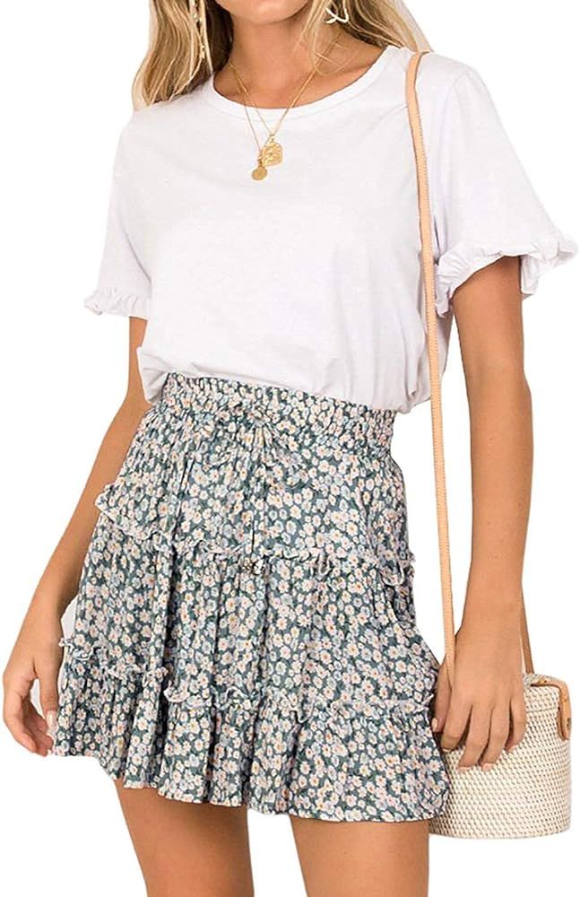 Arjungo Women's Floral Print High Waist with Drawstring Ruffle Flared Boho A Line Skater Mini Skirt | Amazon (US)