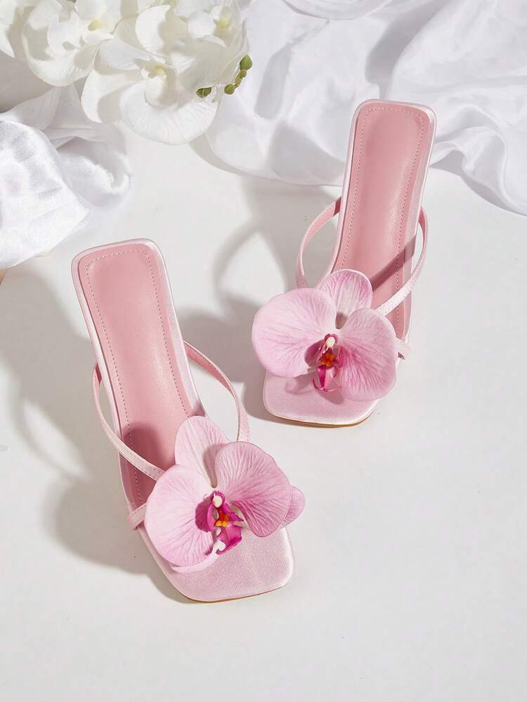 Spring/Summer Satin Flower Peep Toe High Heel Sandals, Suitable For Travel And Beach | SHEIN