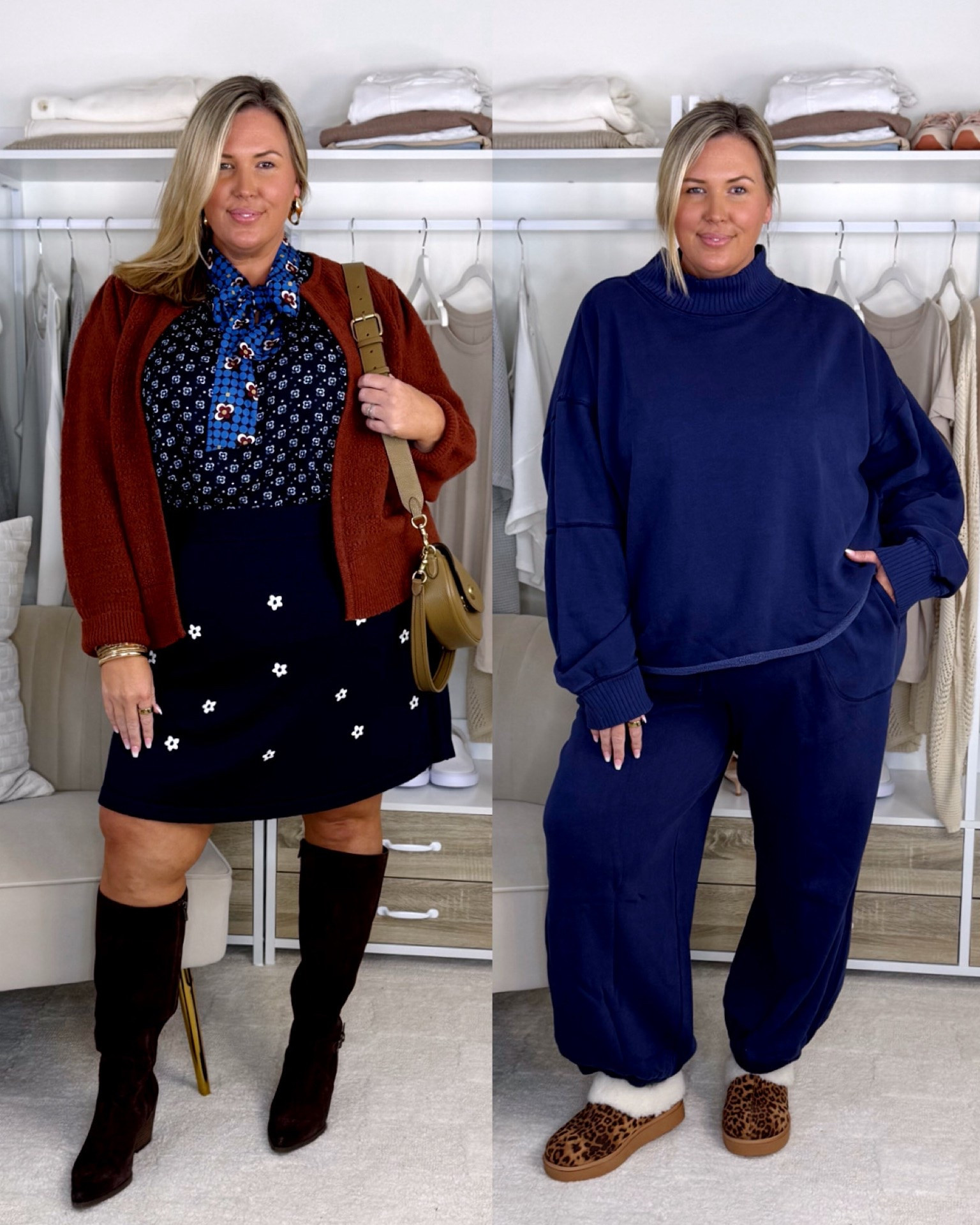 Cozy vibes are a must!!!! Actually the workwear look is soooo comfy too! Sizing: wearing an XXL in the matching sweats set!! A 2X in skirt and blouse, and an XL in sweater! The wide calf boots are on sale for40% off too! I have a 16.5 inch calf and there’s about an inch left of room

#LTKSeasonal #LTKPlusSize #LTKMidsize