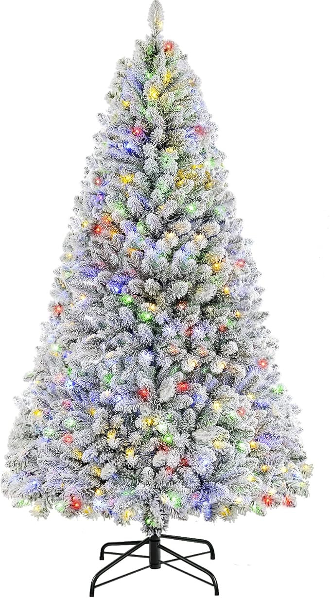 Amazon.com: SHareconn 6ft Premium Prelit Artificial Hinged Snow Flocked Christmas Tree, with Warm... | Amazon (US)